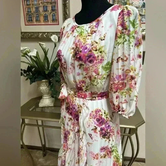 MAISON TARA PINK FLORAL RUFFLE SUMMER MIDI TIE SASH HI LOW DRESS SIZE SMALL🩷 - Picture 5 of 10